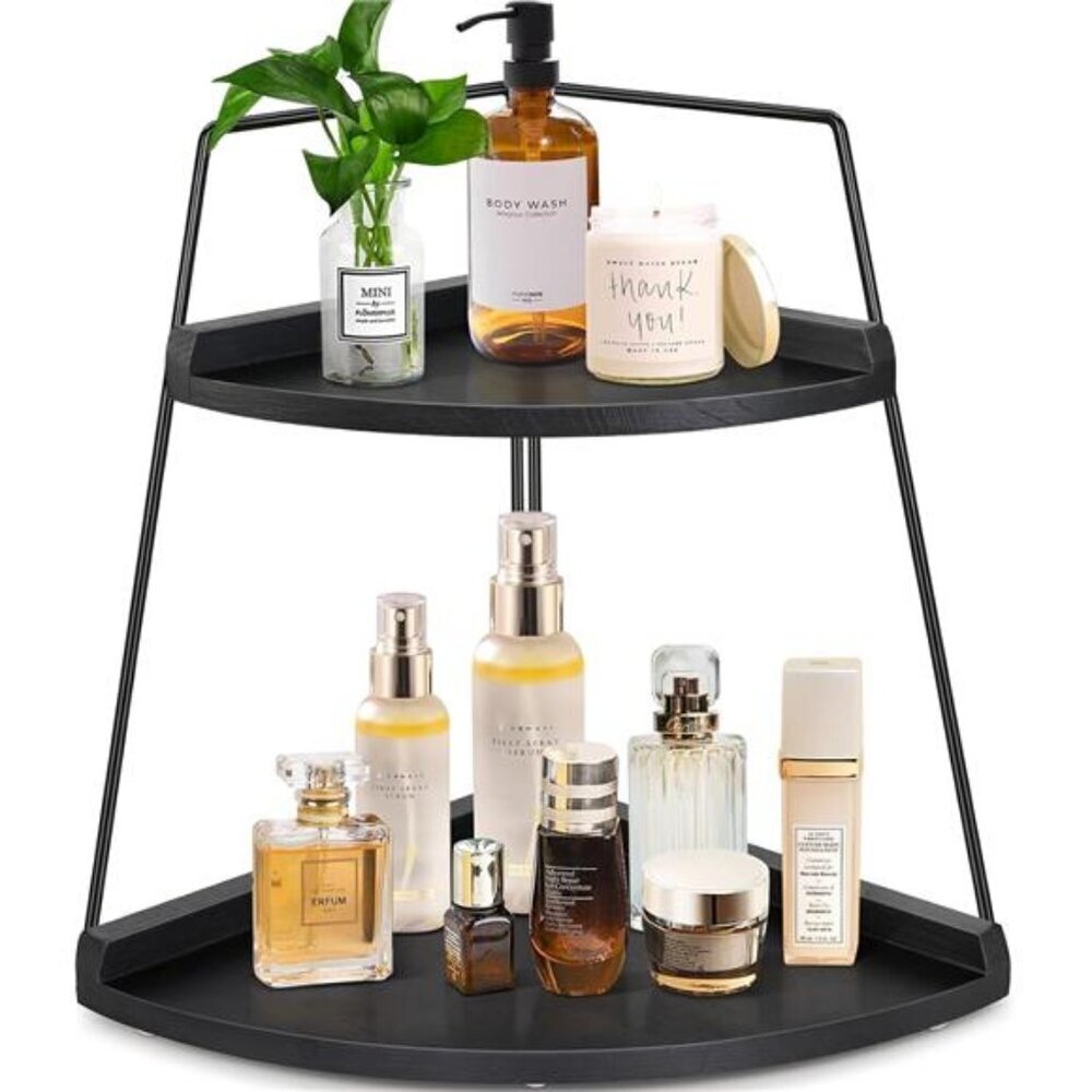 2 Tier Bathroom Counter Organizer, Wood Bathroom Organizer Countertop, Corner
